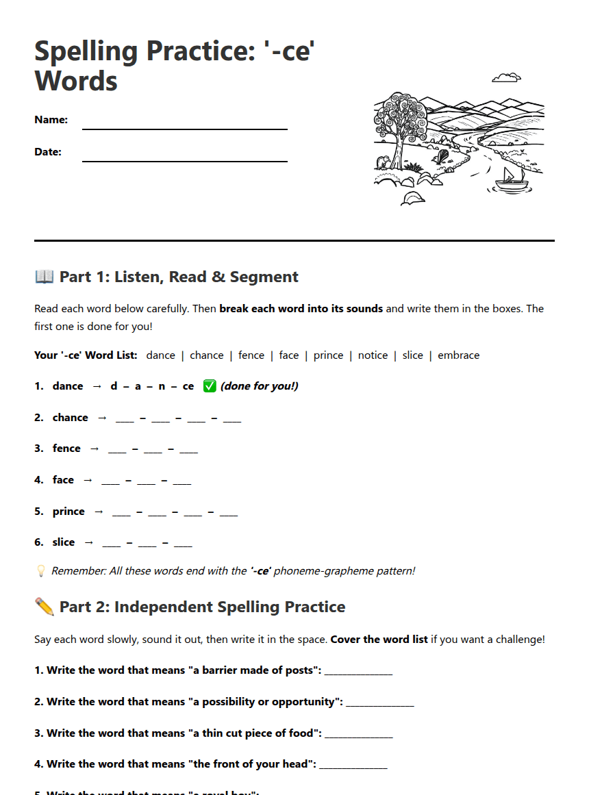 Spelling Practice: '-ce' Words worksheet preview