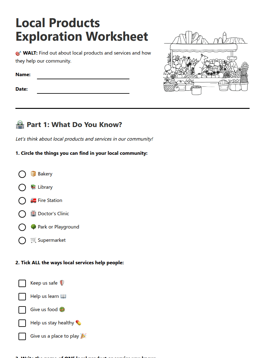 Local Products Exploration Worksheet worksheet preview
