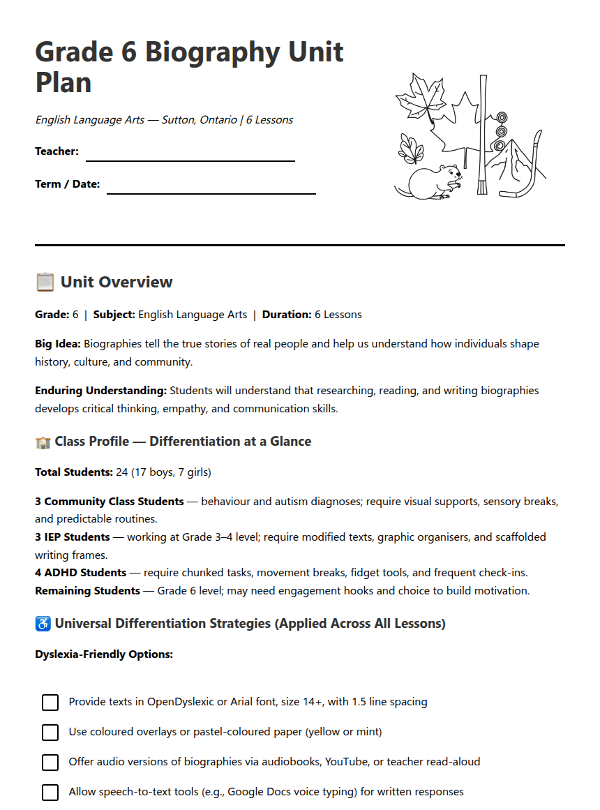 Grade 6 Biography Unit Plan worksheet preview