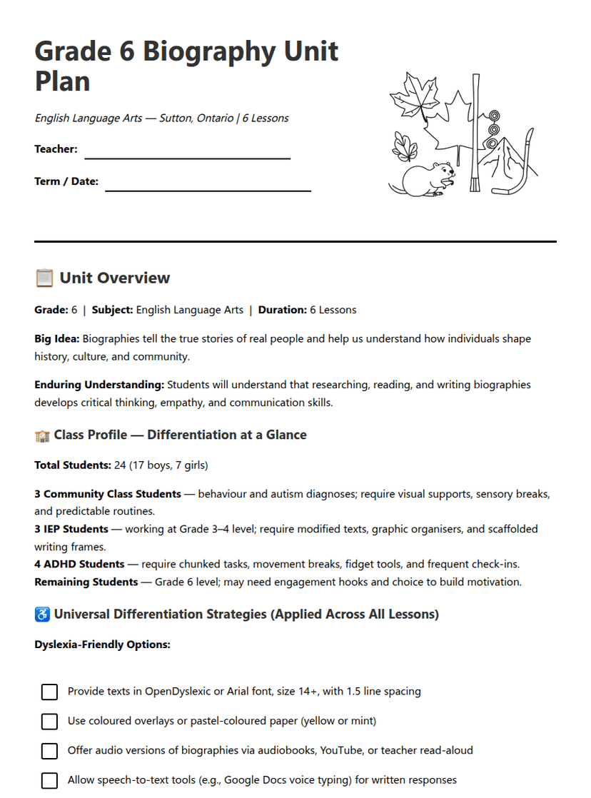 Grade 6 Biography Unit Plan