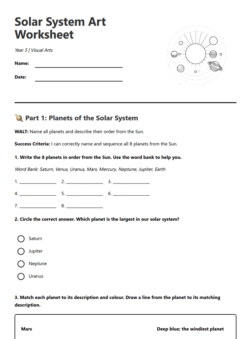Solar System Art Worksheet