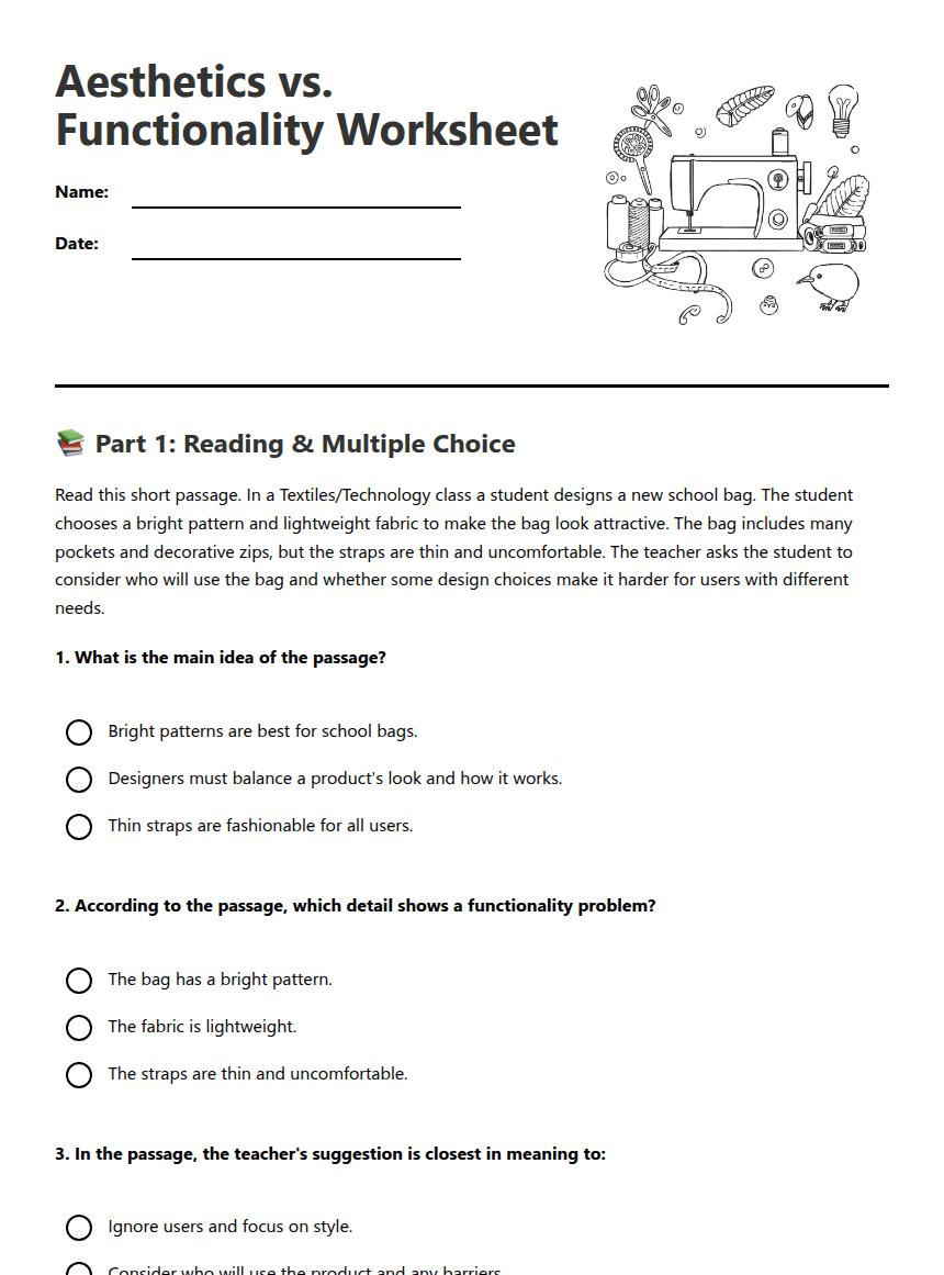 Aesthetics vs. Functionality Worksheet worksheet preview