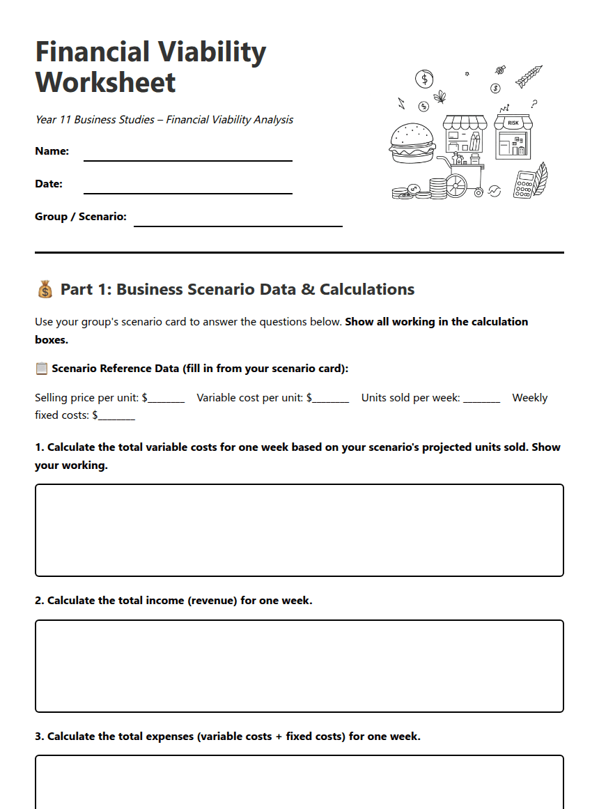 Financial Viability Worksheet worksheet preview