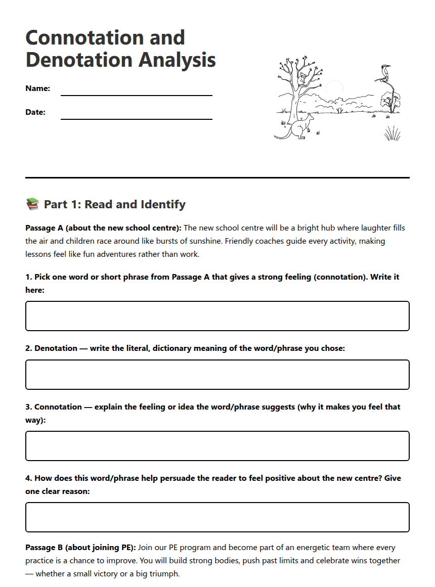 Connotation and Denotation Analysis worksheet preview