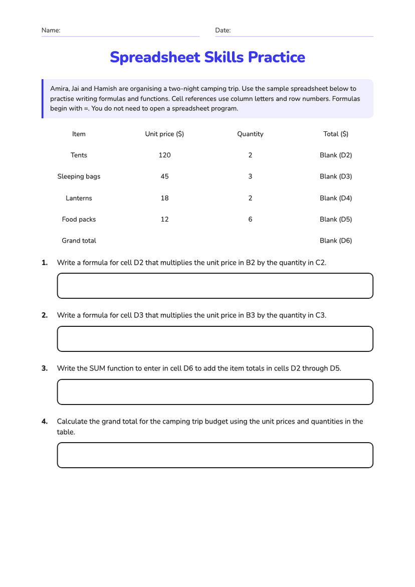 Spreadsheet Skills Practice