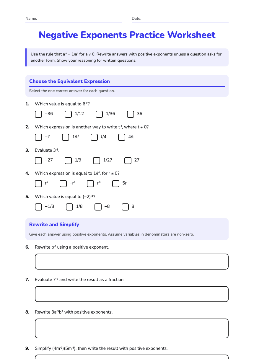 Negative Exponents Practice Worksheet worksheet preview