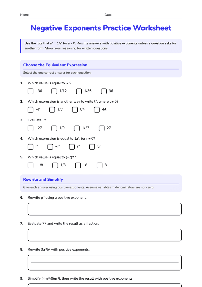 Negative Exponents Practice Worksheet