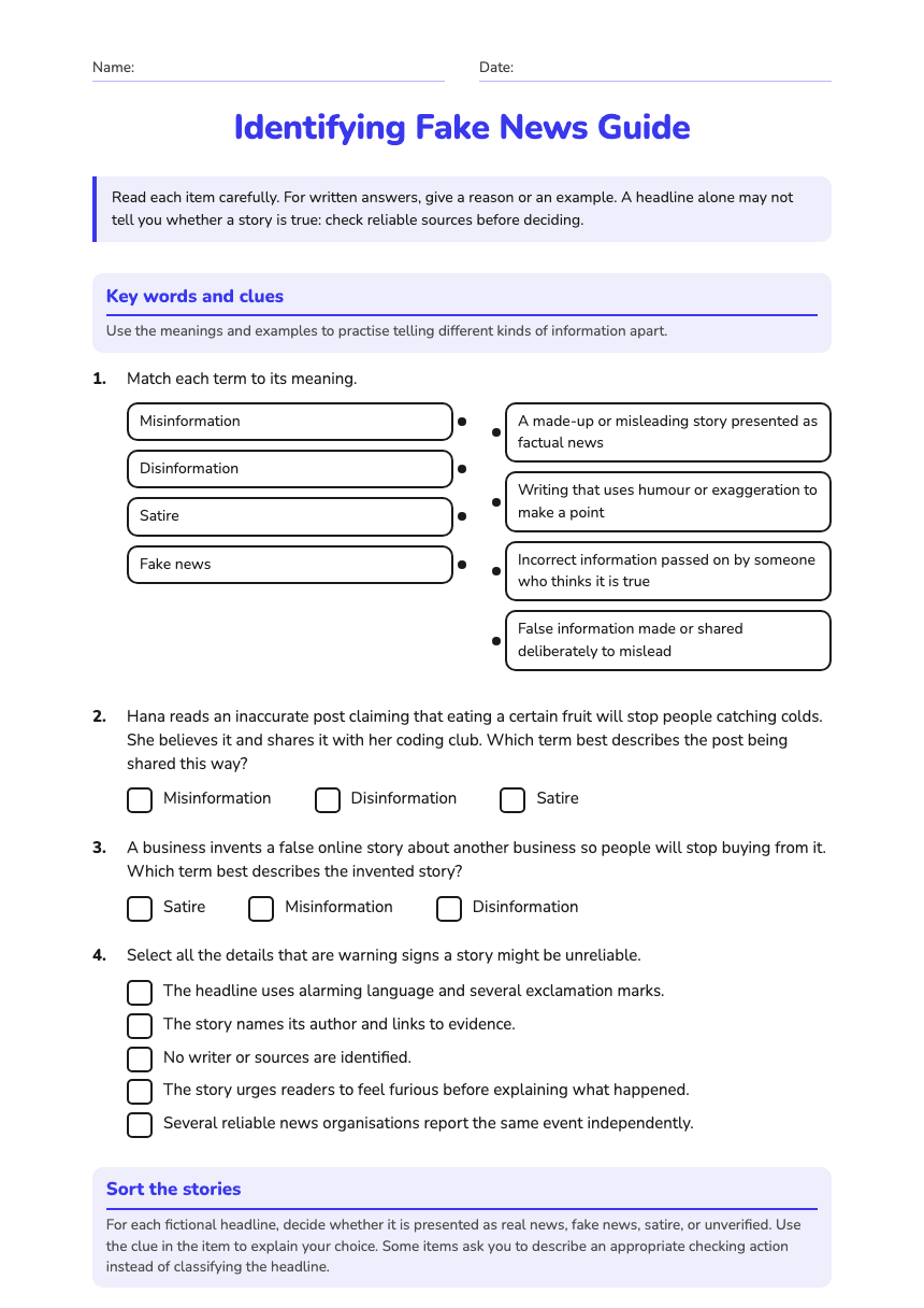 Identifying Fake News Guide worksheet preview