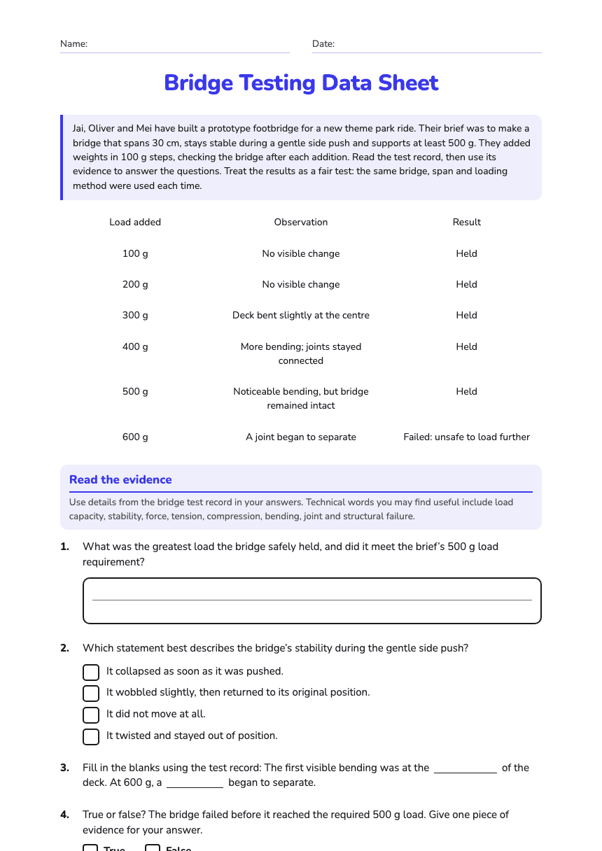 Bridge Testing Data Sheet worksheet preview