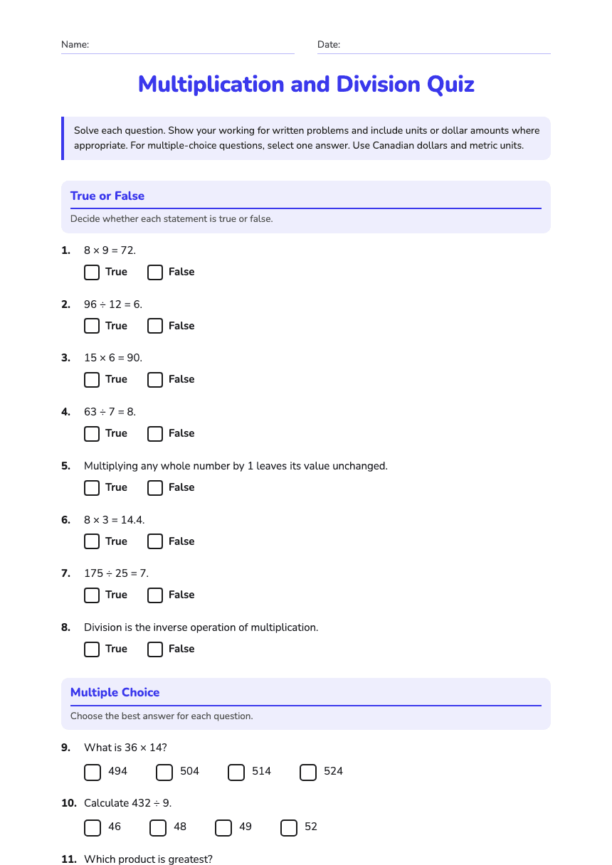 Multiplication and Division Quiz worksheet preview