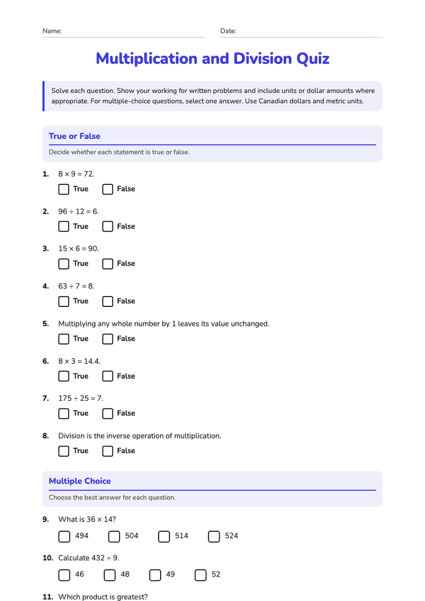 Multiplication and Division Quiz