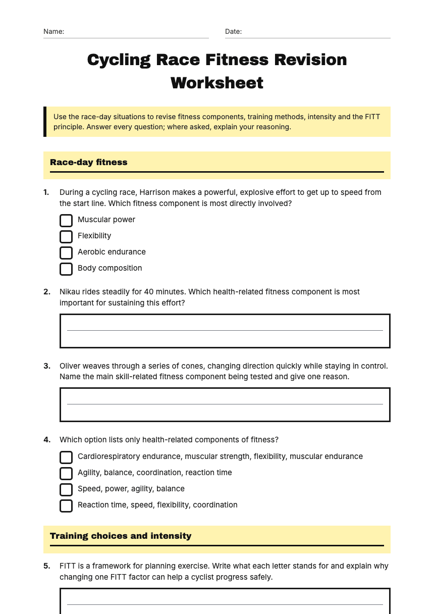 Cycling Race Fitness Revision Worksheet worksheet preview
