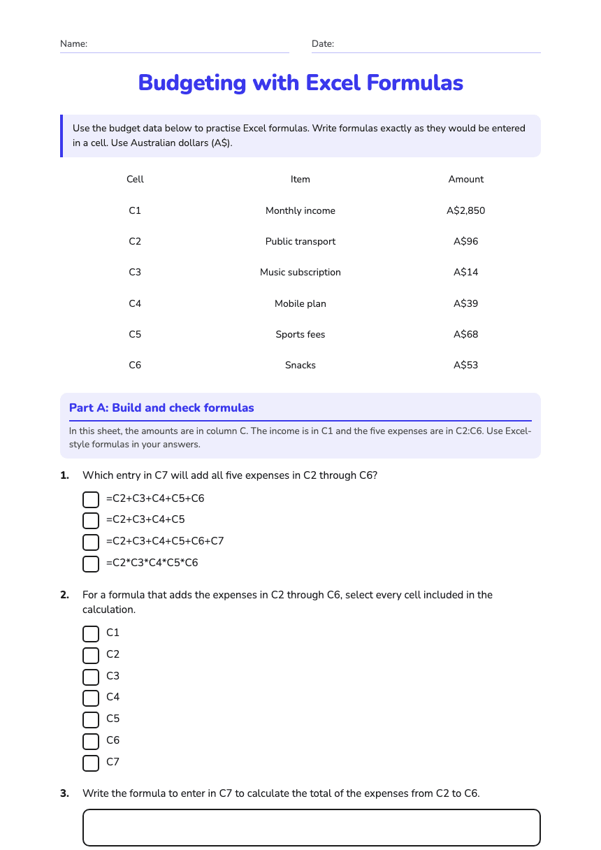 Budgeting with Excel Formulas worksheet preview