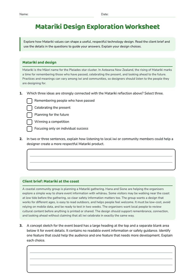 Matariki Design Exploration Worksheet
