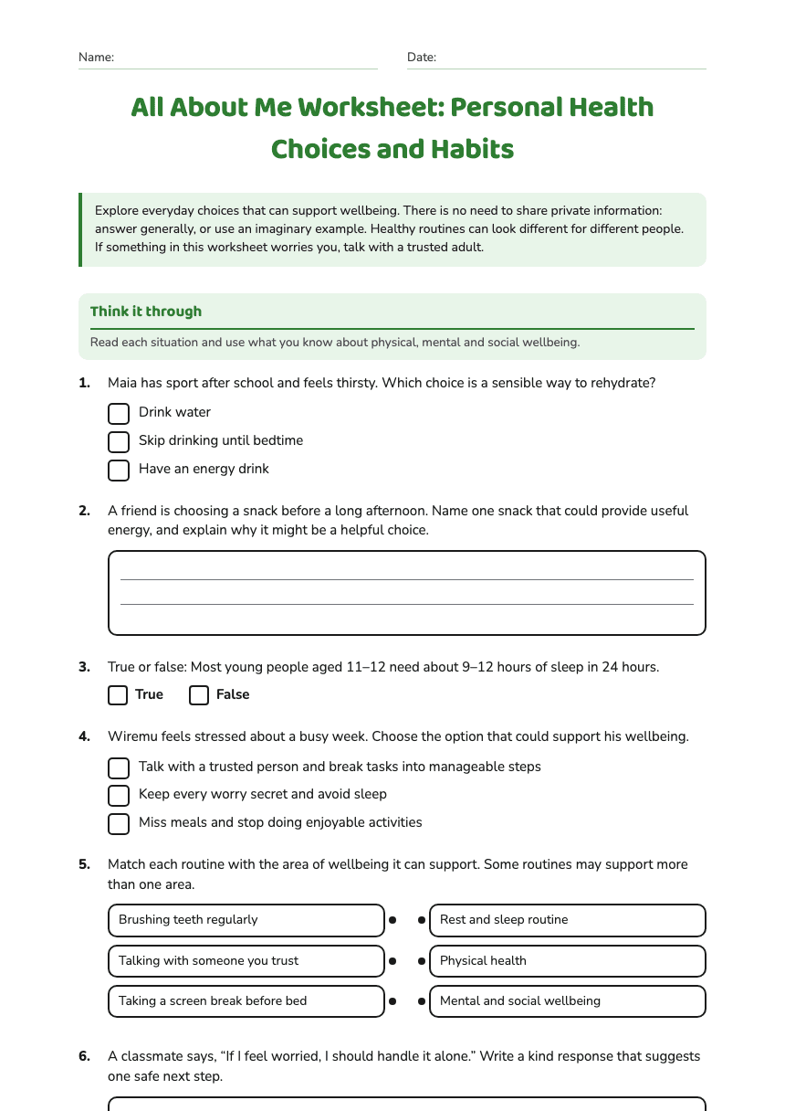 All About Me Worksheet: Personal Health Choices and Habits worksheet preview
