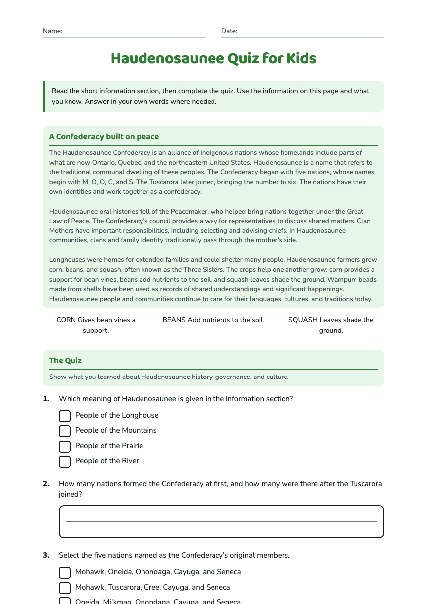 Haudenosaunee Quiz for Kids worksheet preview