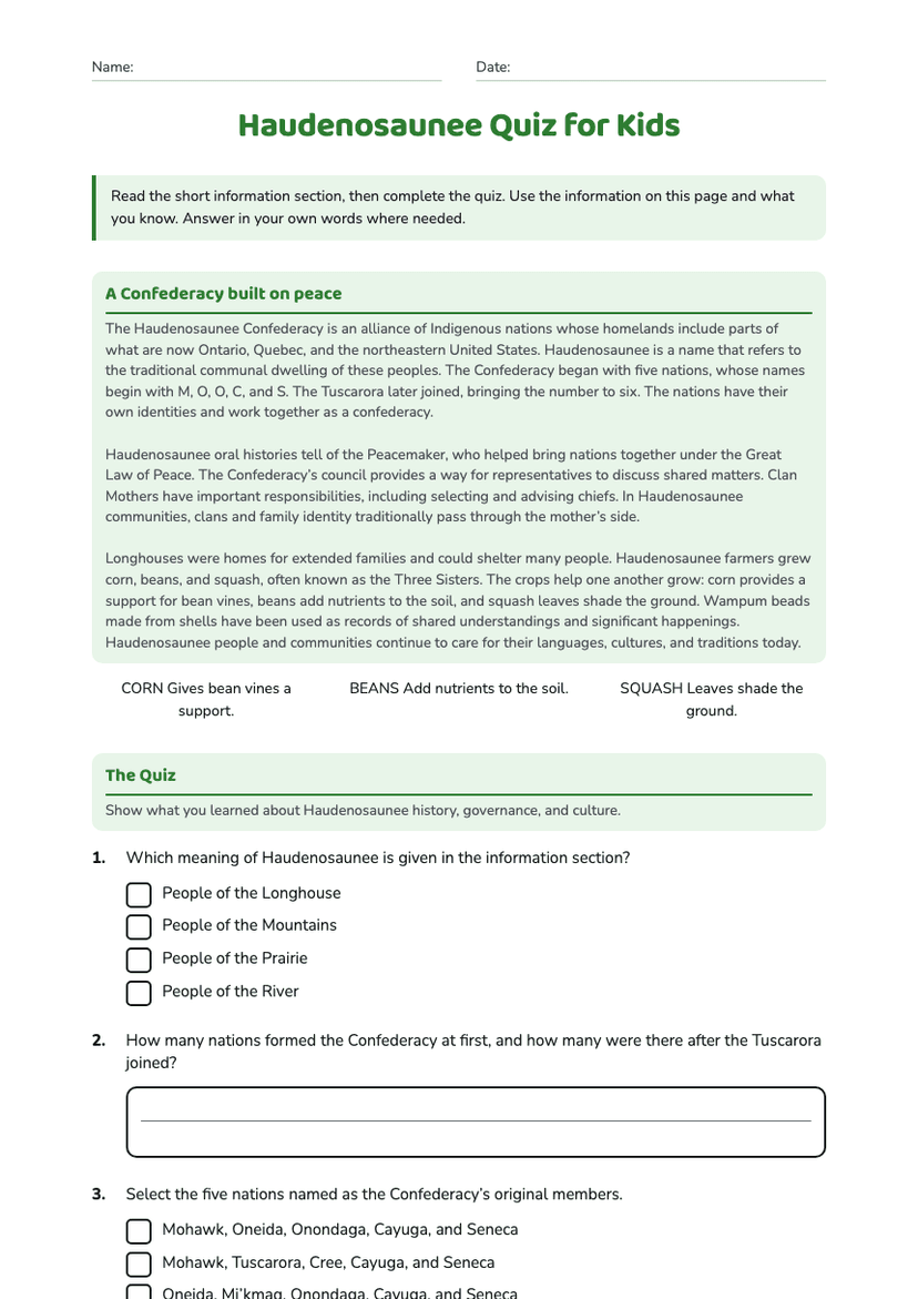Haudenosaunee Quiz for Kids