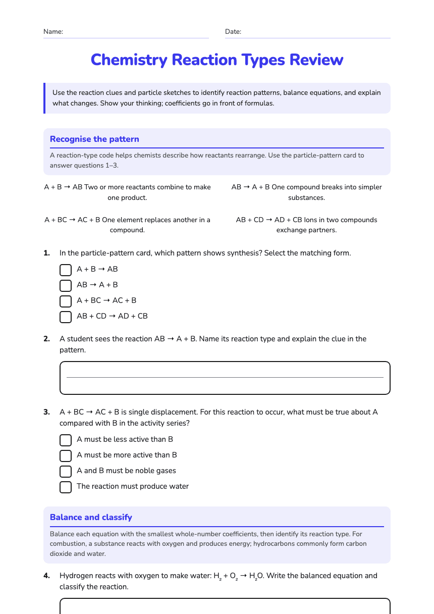 Chemistry Reaction Types Review worksheet preview