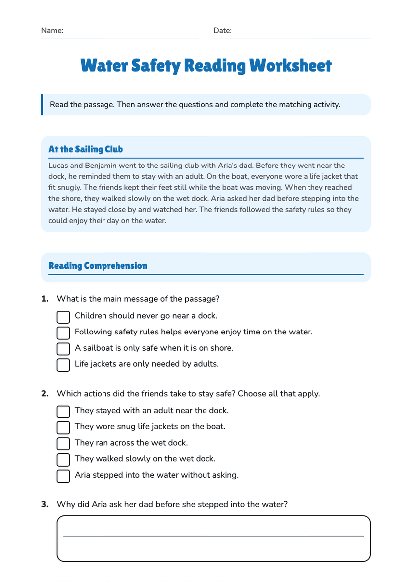 Water Safety Reading Worksheet