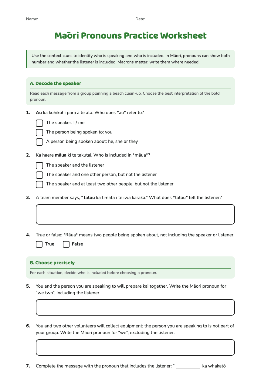 Māori Pronouns Practice Worksheet worksheet preview