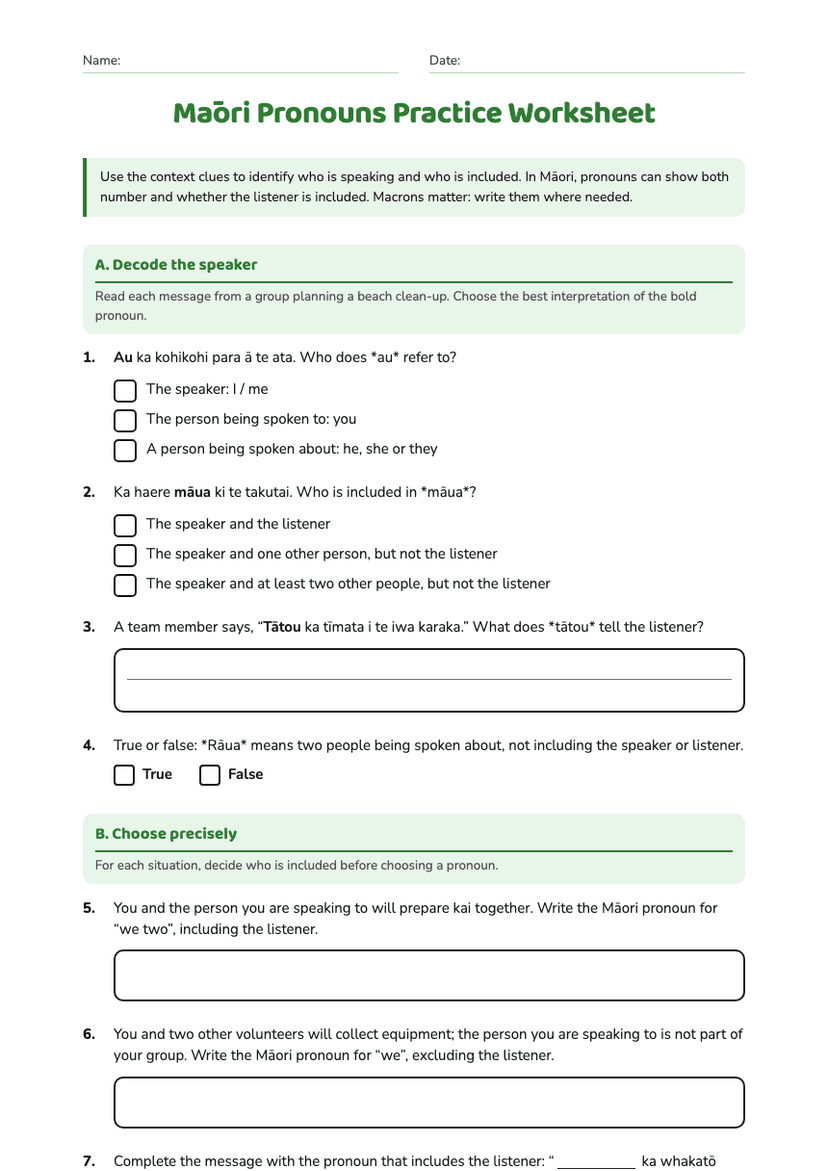 Māori Pronouns Practice Worksheet