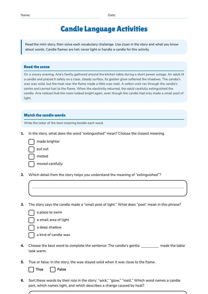 Candle Language Activities worksheet preview