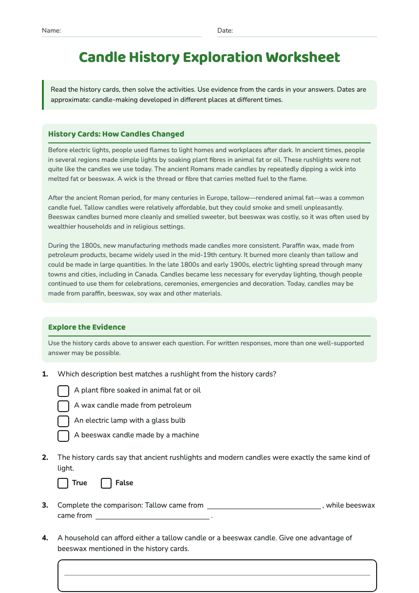 Candle History Exploration Worksheet worksheet preview