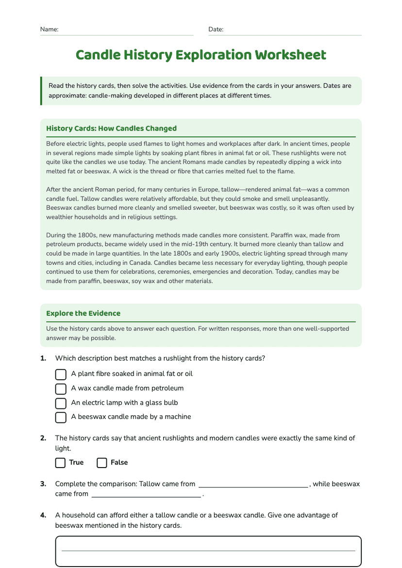 Candle History Exploration Worksheet