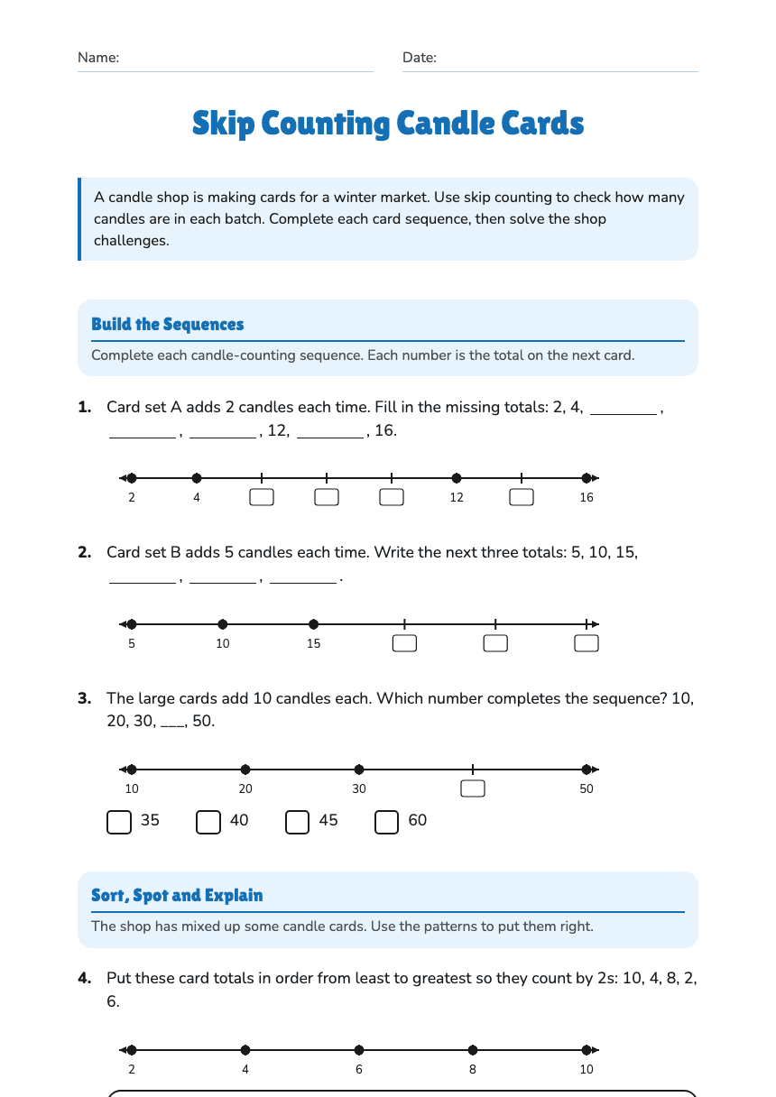 Skip Counting Candle Cards worksheet preview