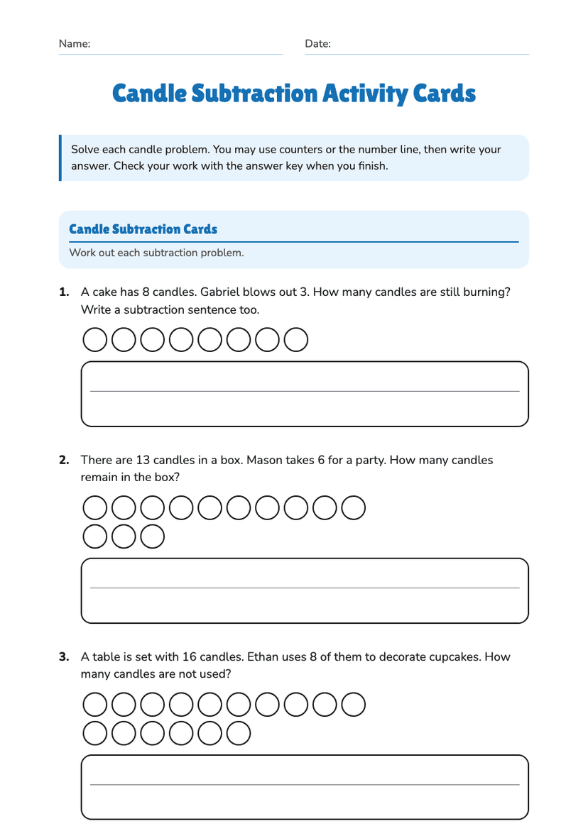 Candle Subtraction Activity Cards