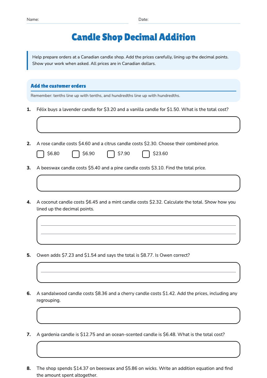 Candle Shop Decimal Addition worksheet preview
