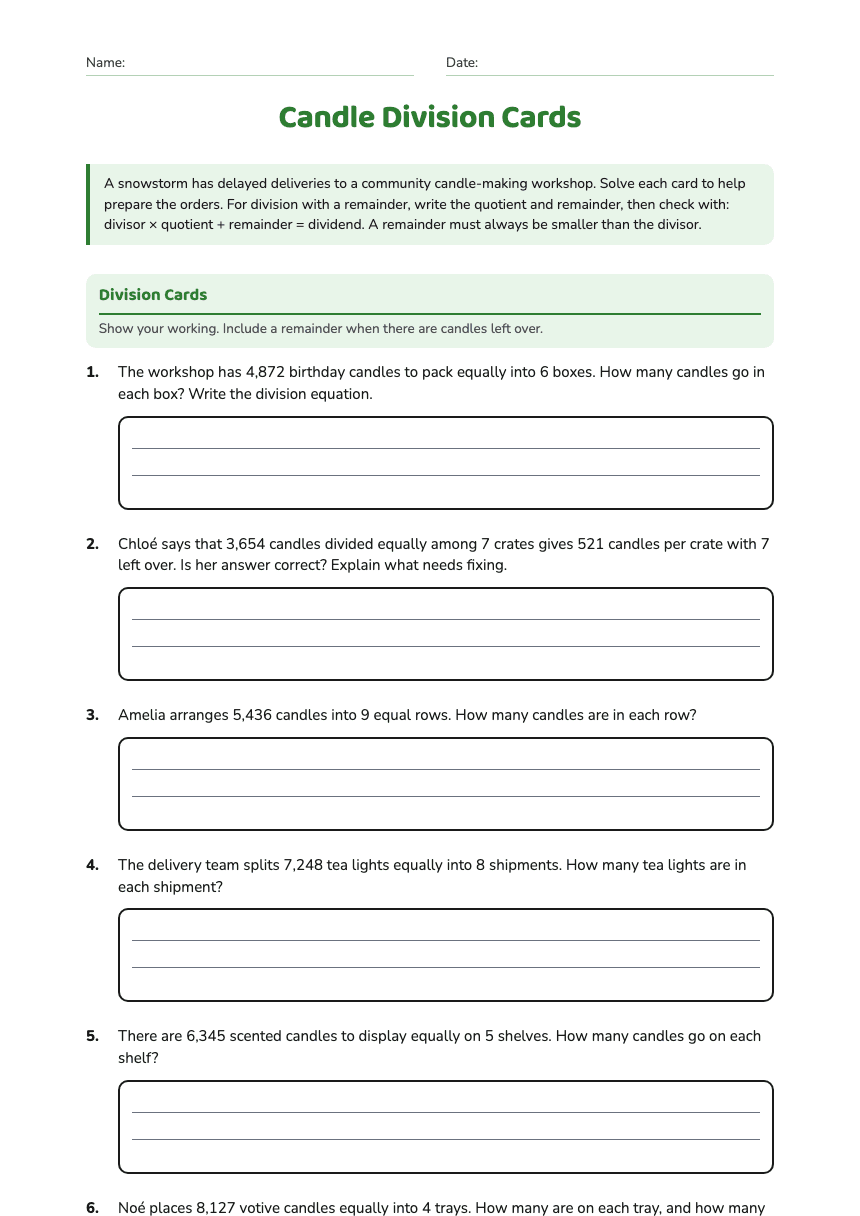 Candle Division Cards worksheet preview