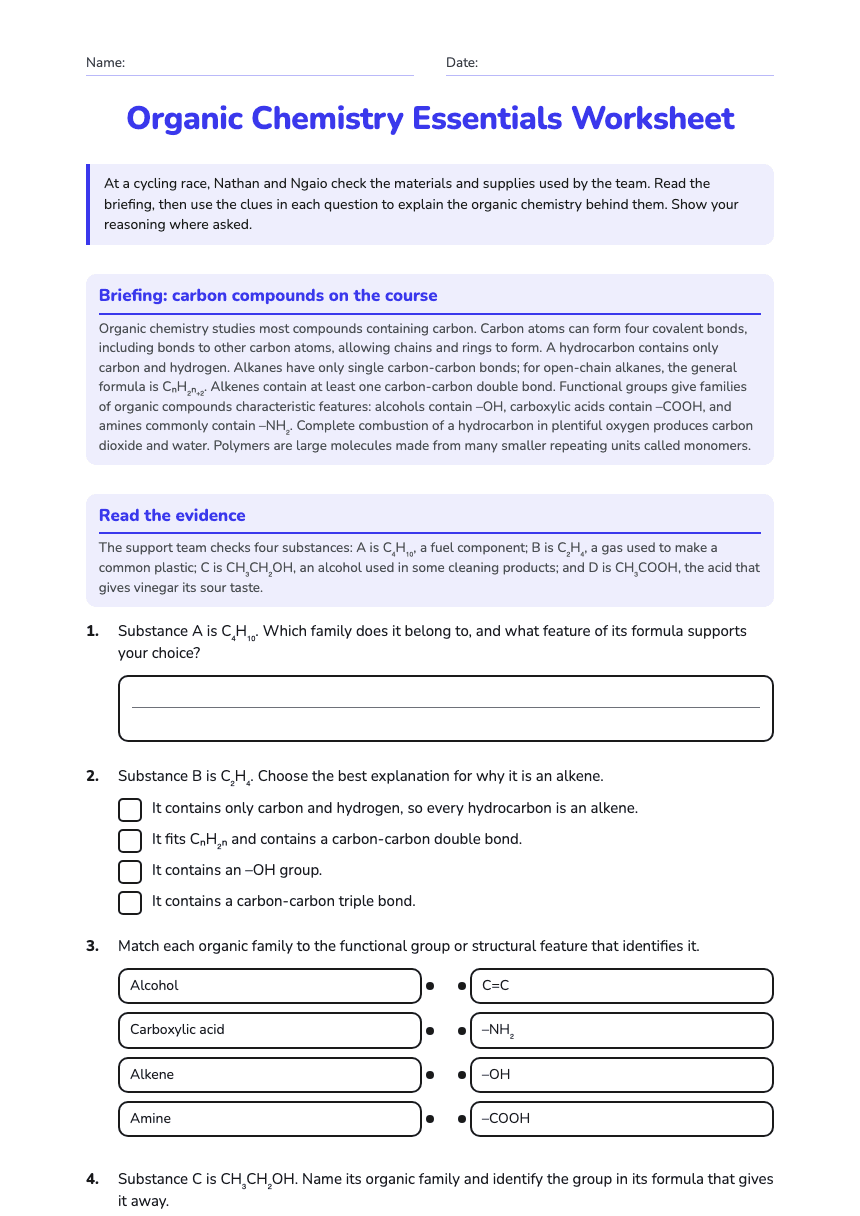 Organic Chemistry Essentials Worksheet worksheet preview