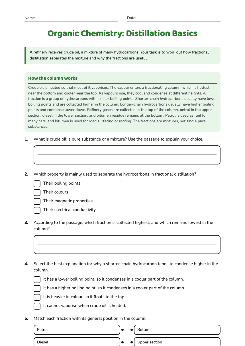 Organic Chemistry: Distillation Basics worksheet preview