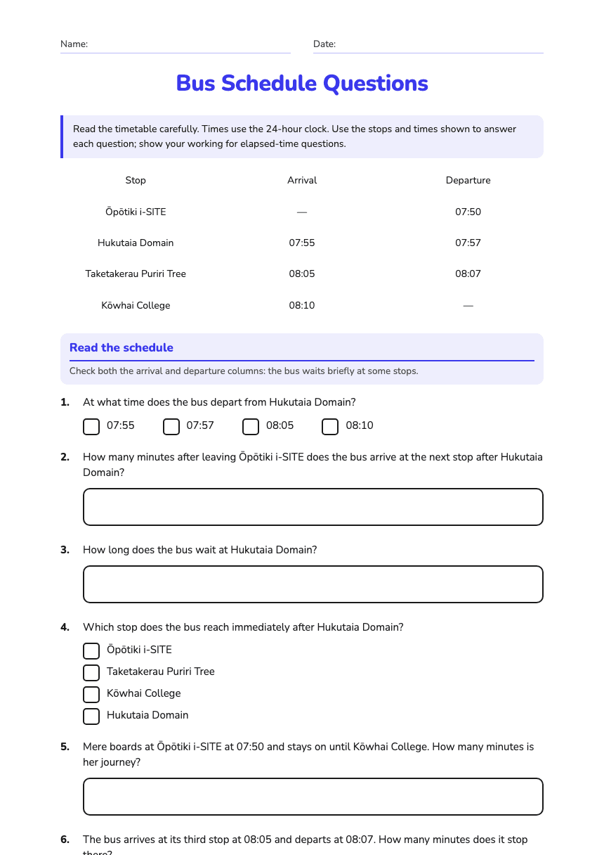 Bus Schedule Questions worksheet preview