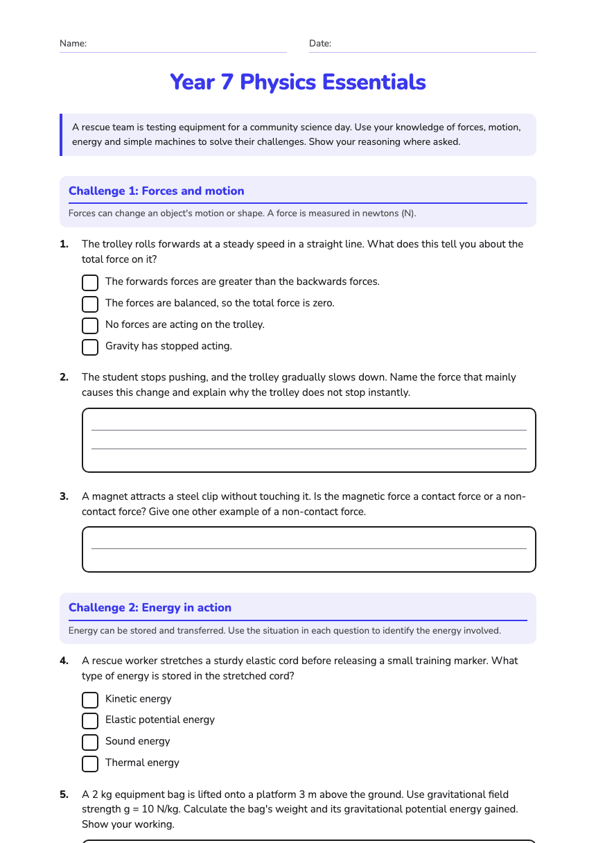 Year 7 Physics Essentials worksheet preview