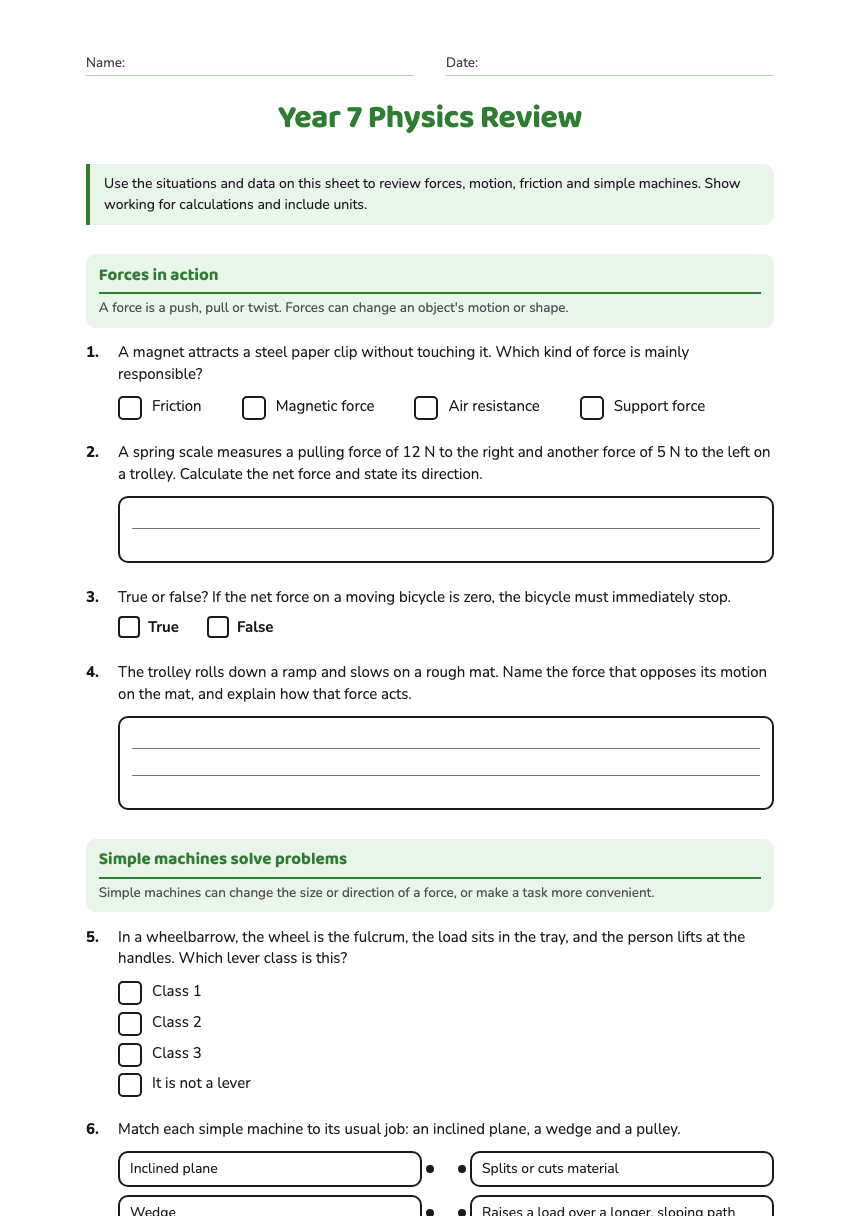 Year 7 Physics Review worksheet preview