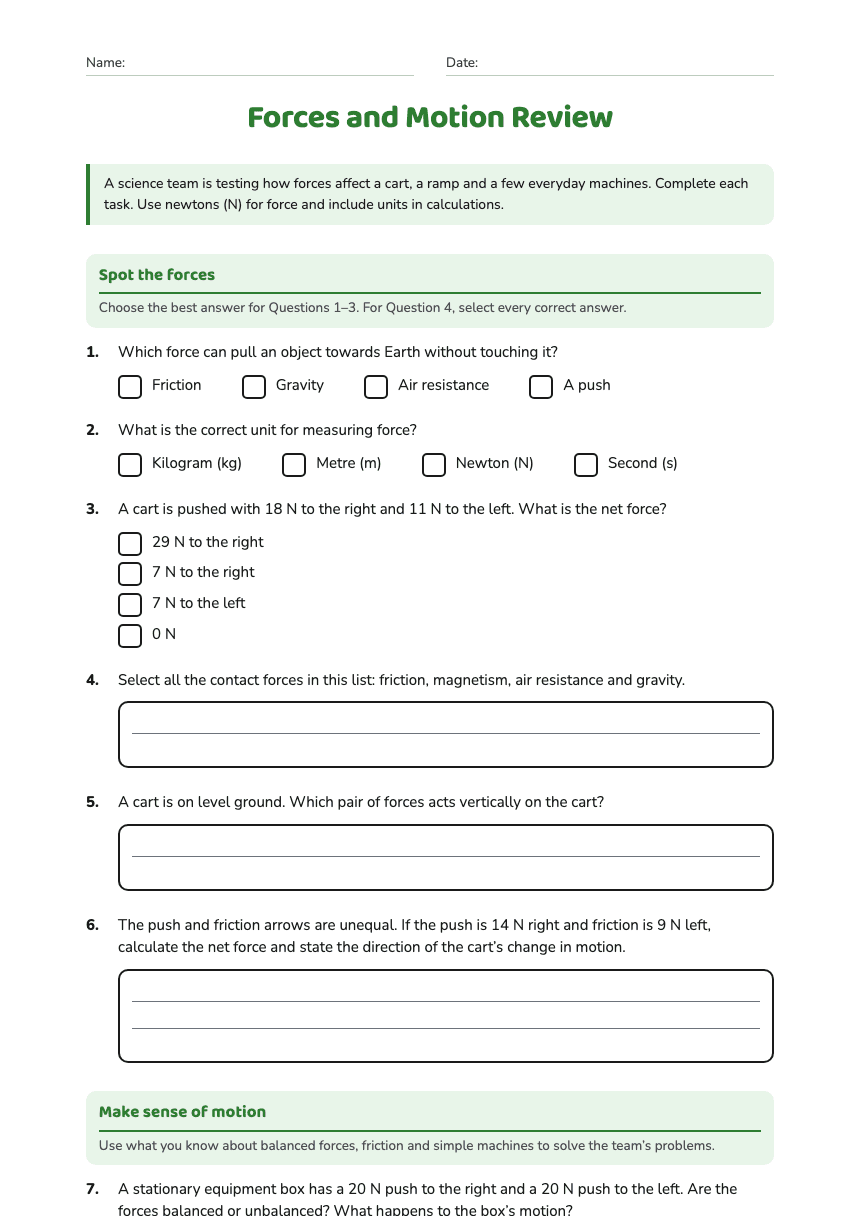 Forces and Motion Review worksheet preview