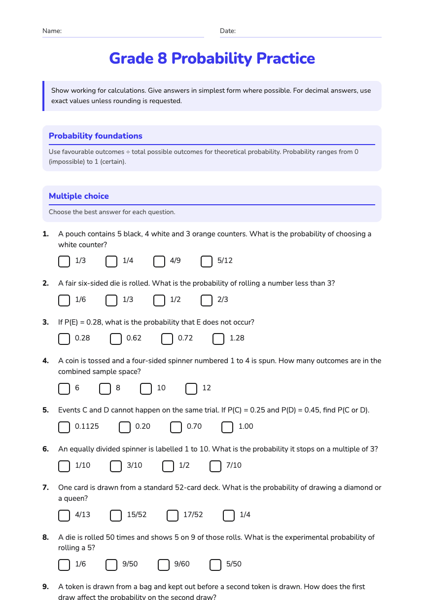 Grade 8 Probability Practice worksheet preview