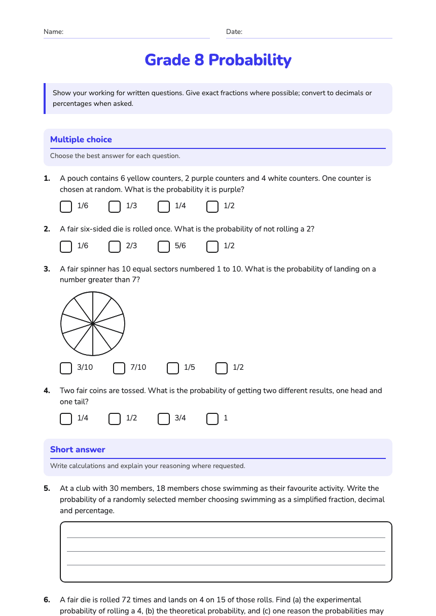Grade 8 Probability worksheet preview