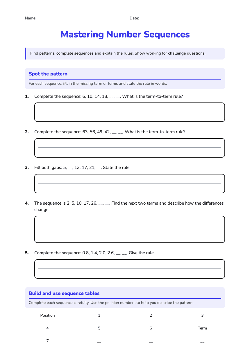 Mastering Number Sequences worksheet preview