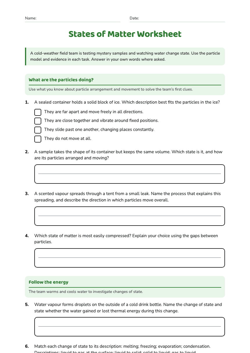 States of Matter Worksheet worksheet preview