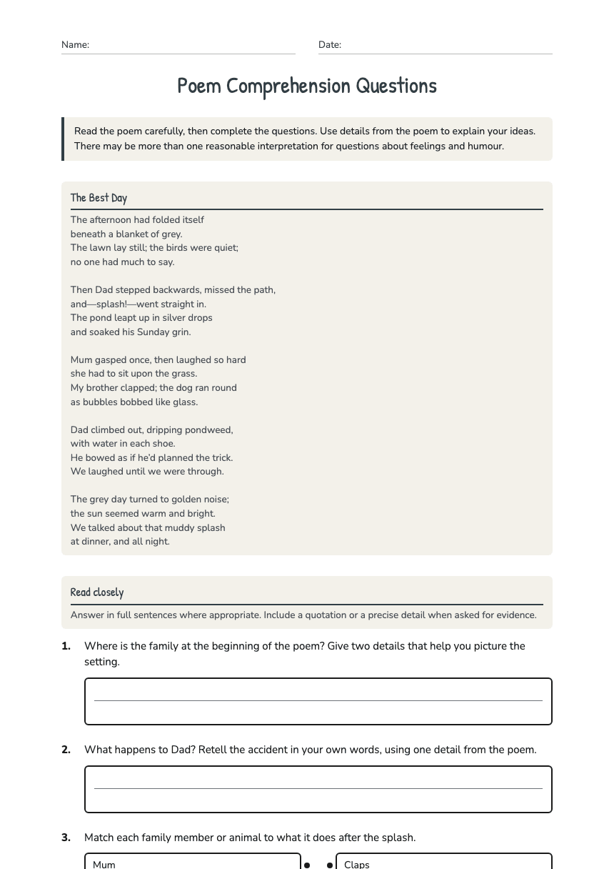 Poem Comprehension Questions worksheet preview
