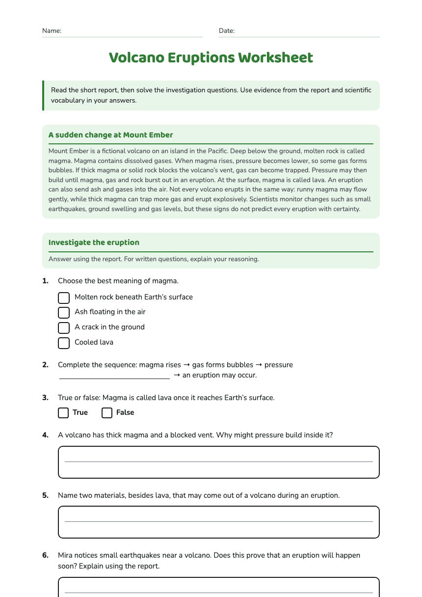Volcano Eruptions Worksheet worksheet preview