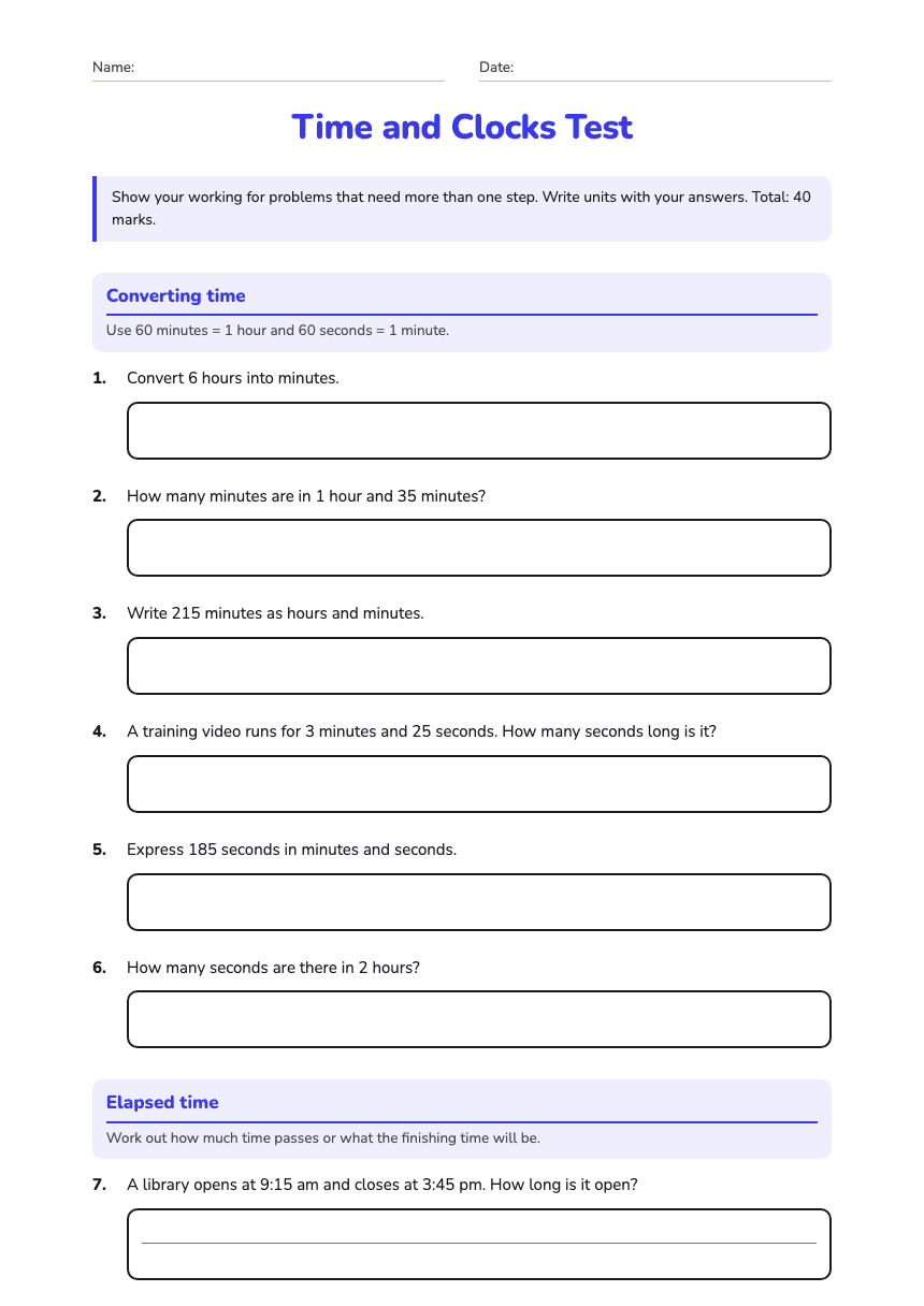 Time and Clocks Test worksheet preview