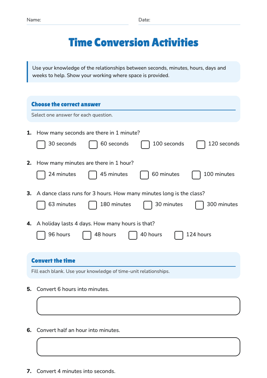 Time Conversion Activities worksheet preview