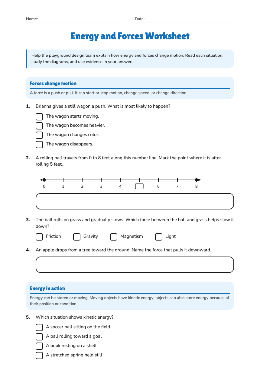 Energy and Forces Worksheet worksheet preview