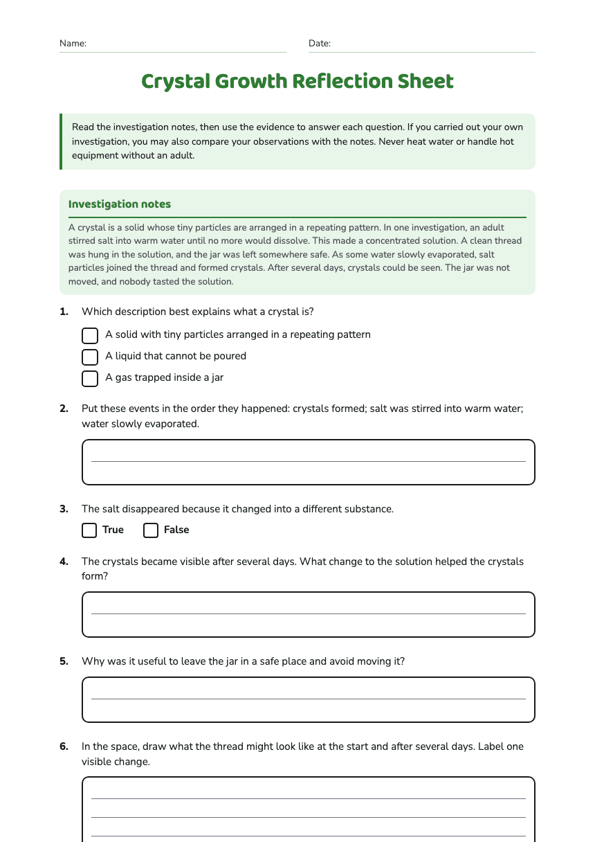 Crystal Growth Reflection Sheet worksheet preview