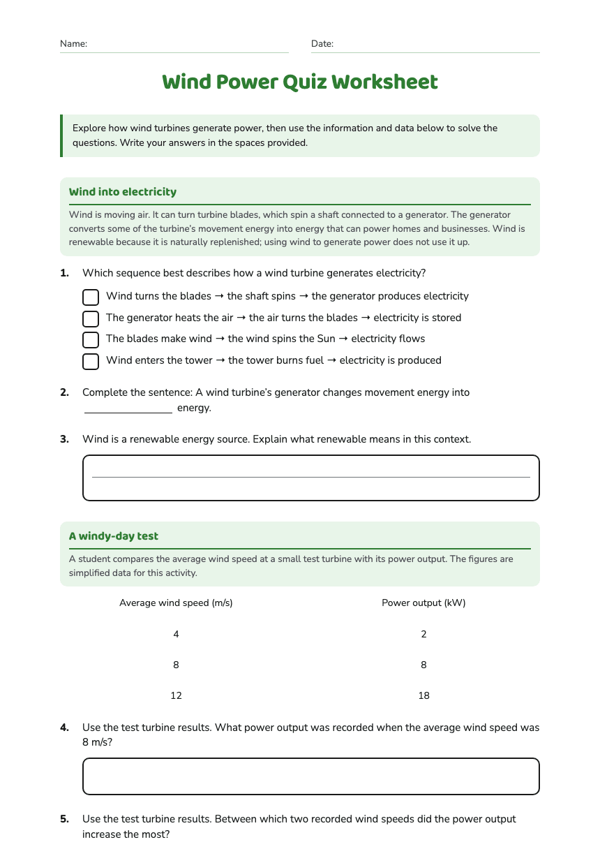Wind Power Quiz Worksheet worksheet preview