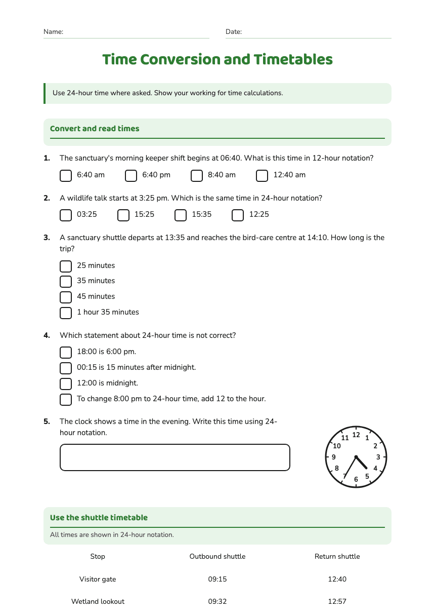 Time Conversion and Timetables worksheet preview